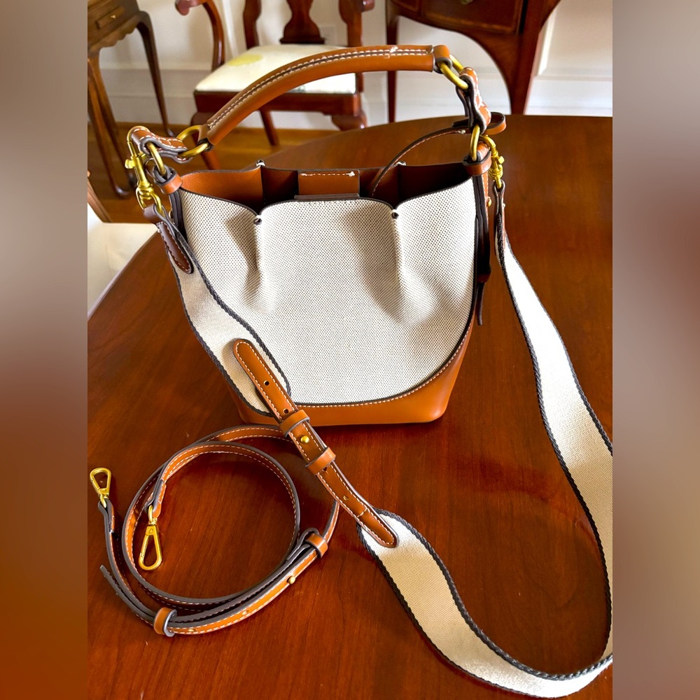 Small leather trimmed canvas bucket bag